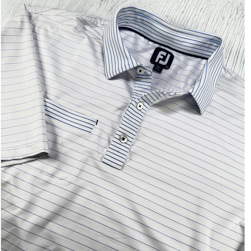 FootJoy Mens XL White Blue Striped Golf Polo Shirt Oak Marsh Logo Short‎ Sleeve